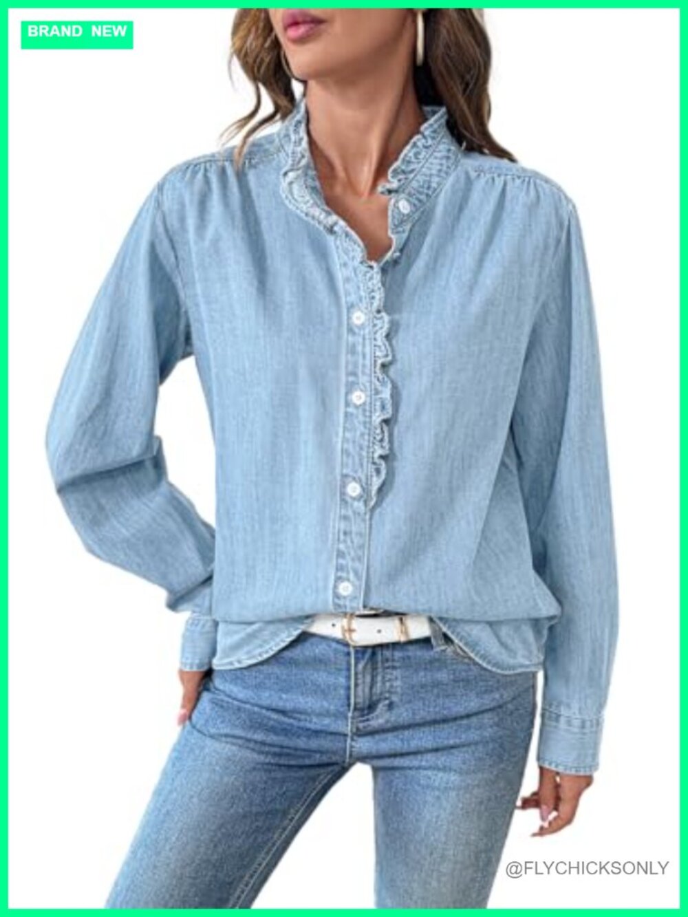 Womens Button Down Denim Shirt Ruffled V Neck Long Sleeve Blouse